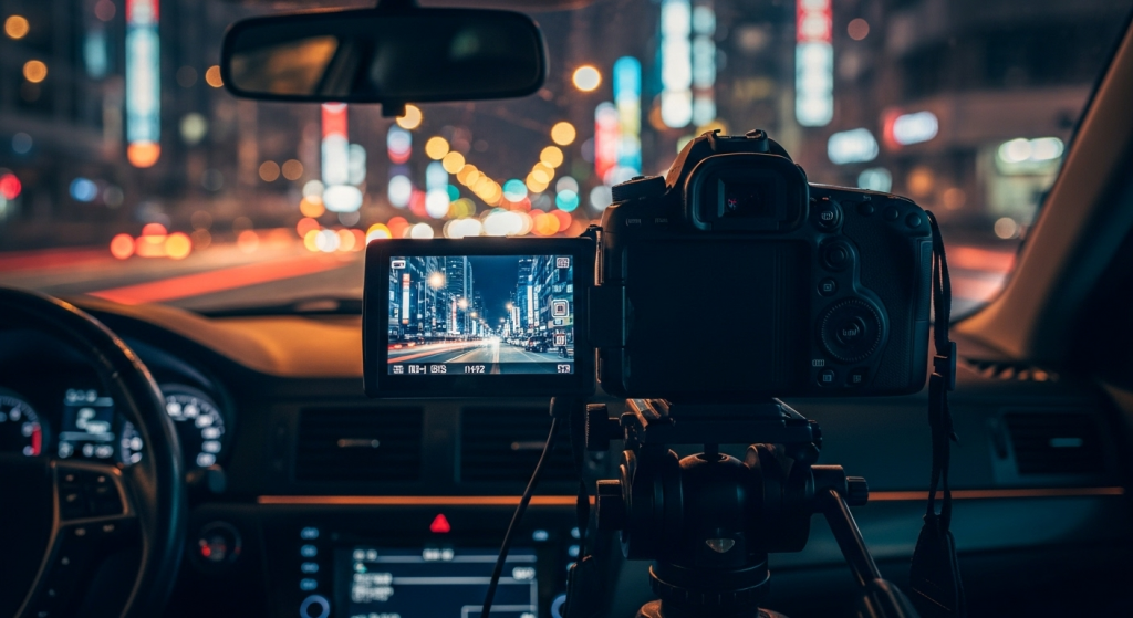 Appareil photo avec écran allumé dans voiture de nuit