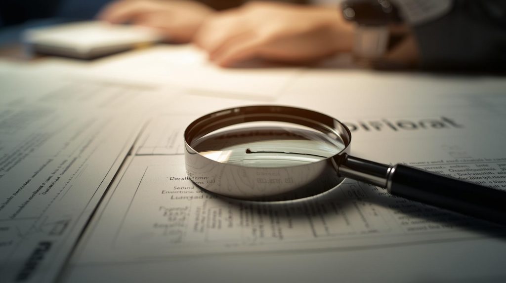 Close-up of confidential investigation file with documents, magnifying glass and soft lighting, clean and professional aesthetic, detective agency style